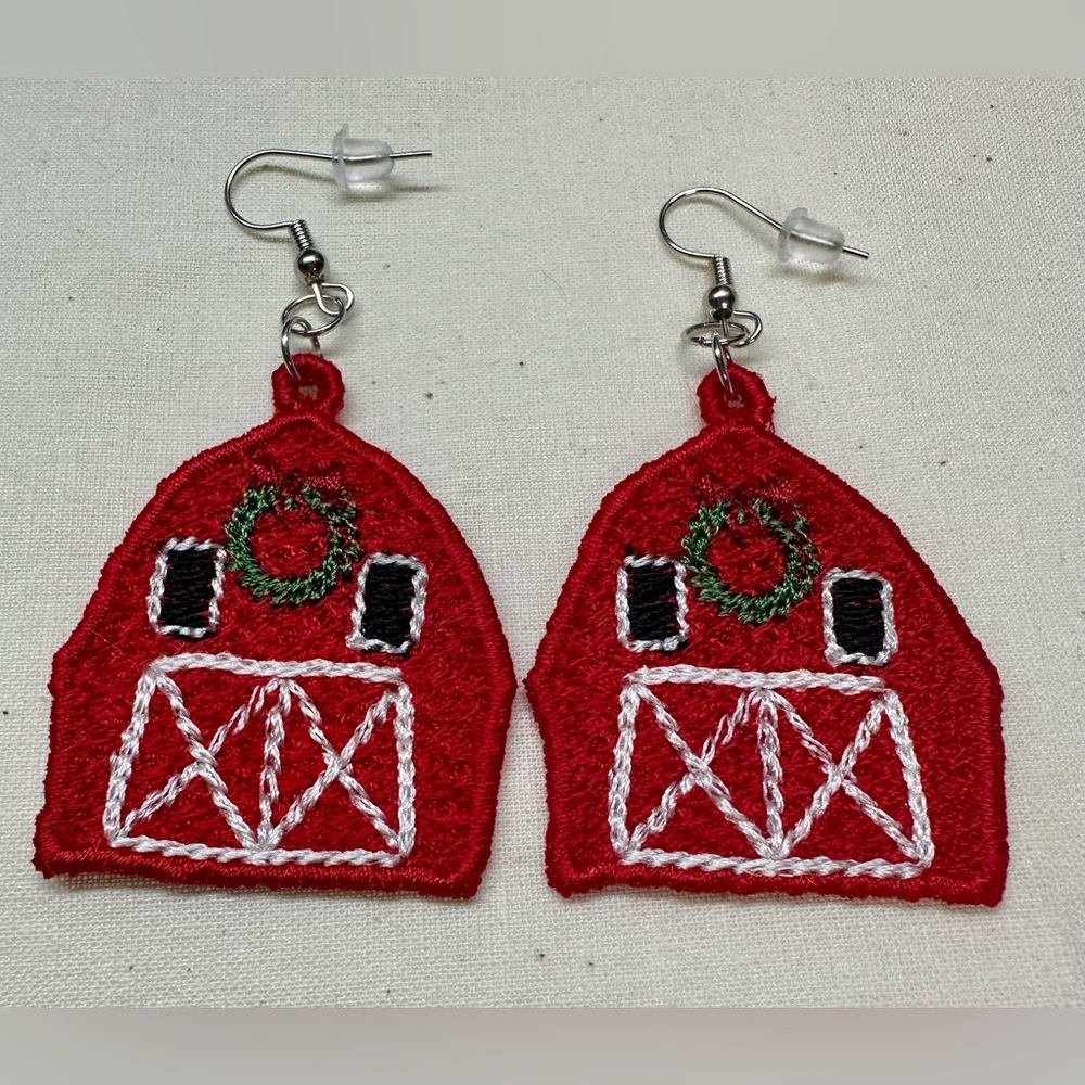 Red Barn Embroidered Free Standing Lace Earrings